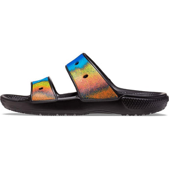 Crocs Unisex-Adult Classic Tie Dye Two-Strap Sandals, Black/Spray Dye, 7 Men/9 Women M US